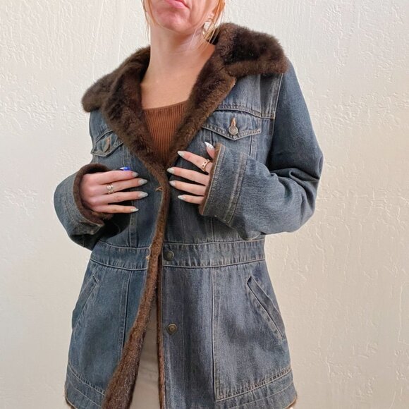 Vintage 90s/Y2K Brown Faux Fur Trim Jean Button Up Coat - Picture 1 of 7